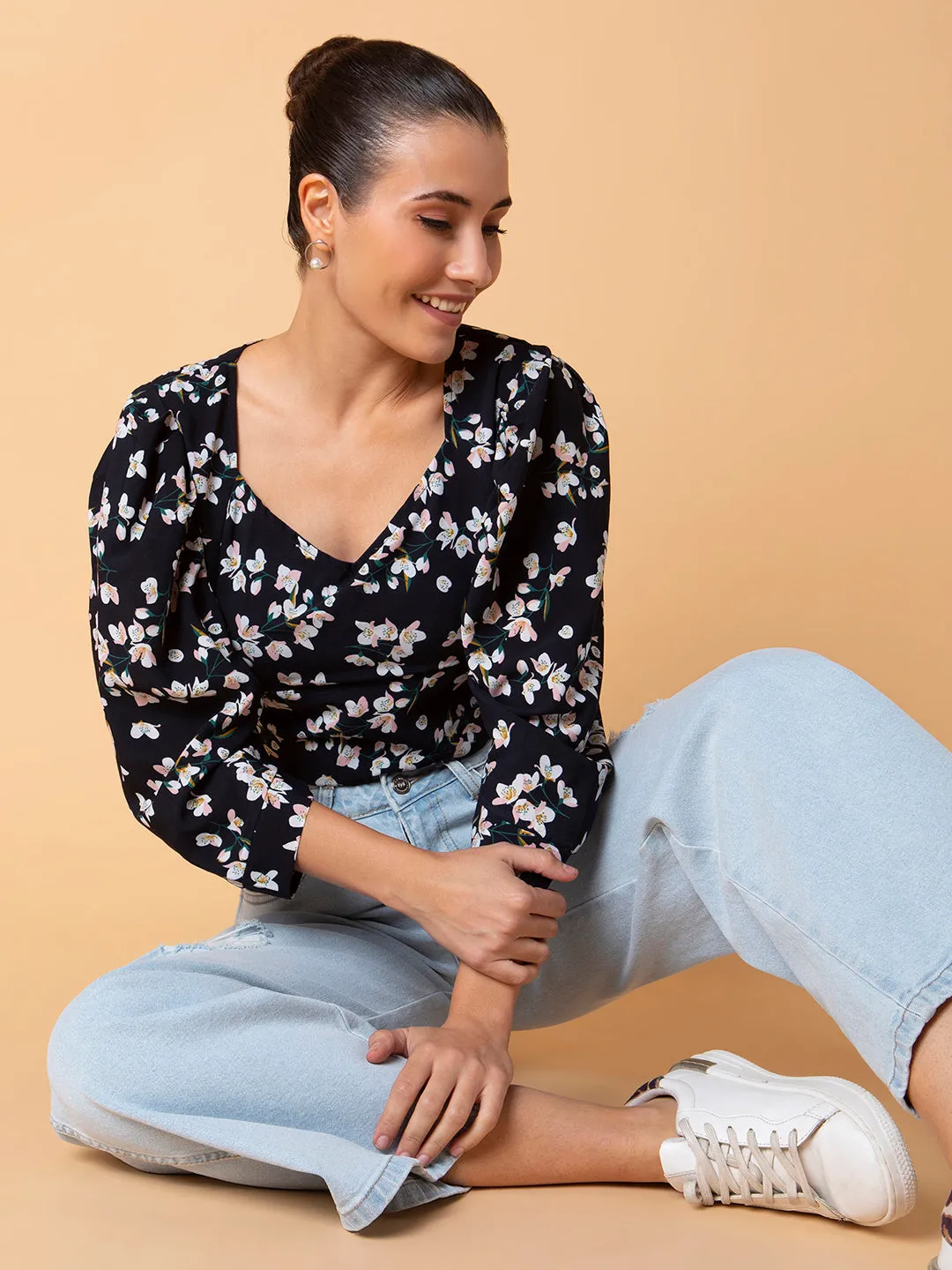 Women Floral Navy Blue Blouson Top