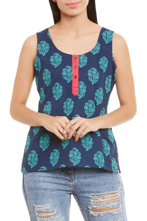 Womens Cotton Printed Short Top Kurti Sleeveless With Contrast Placket And Buttons,3X-Large,W-CST42-3119