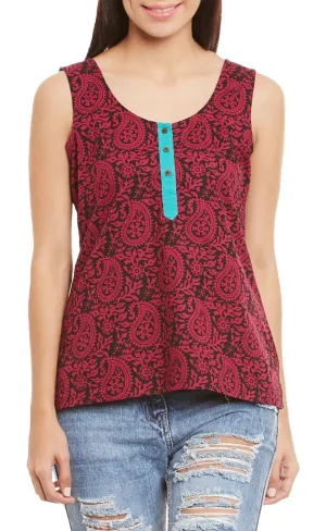 Womens Cotton Printed Short Top Kurti Sleeveless With Contrast Placket And Buttons,4X-Large,W-CST44-3115