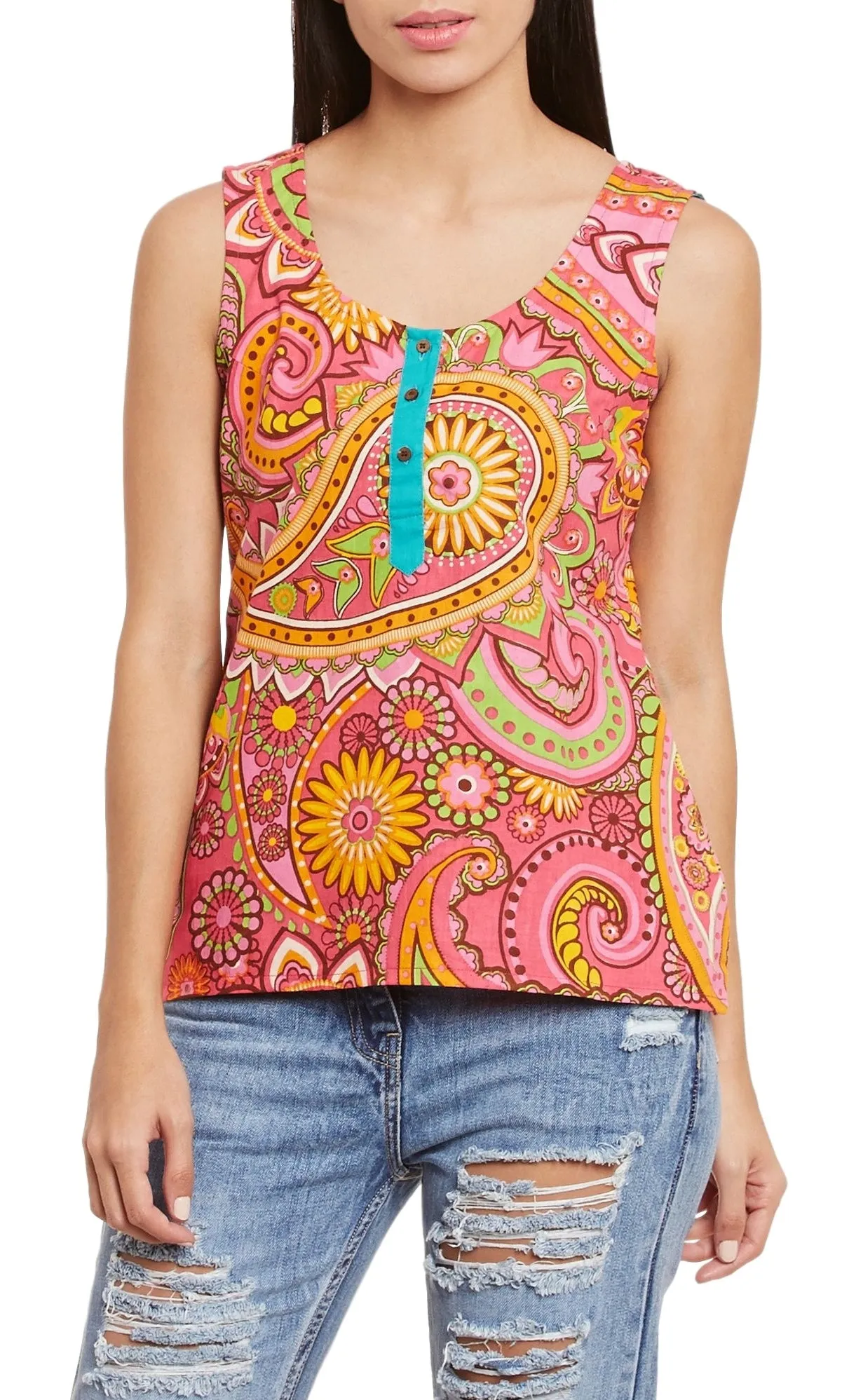 Womens Cotton Printed Short Top Kurti Sleeveless With Contrast Placket And Buttons,4X-Large,W-CST44-3129