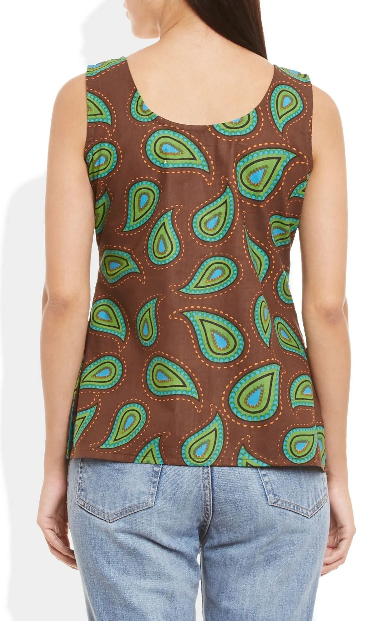 Womens Cotton Printed Short Top Kurti Sleeveless With Contrast Placket And Buttons,X-Large,W-CST38-3122