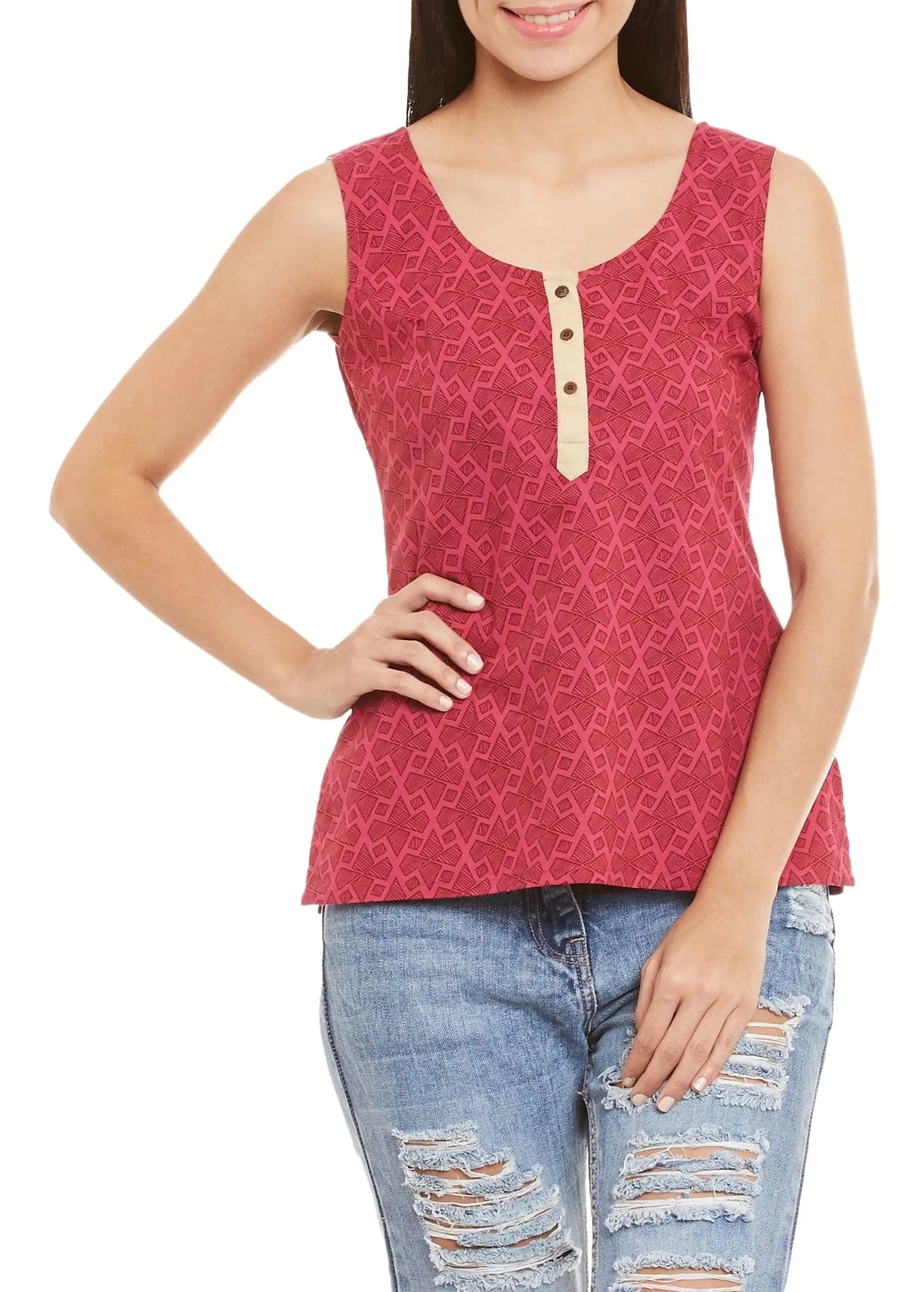 Womens Cotton Printed Short Top Kurti Sleeveless With Contrast Placket And Buttons,X-Large,W-CST38-3123