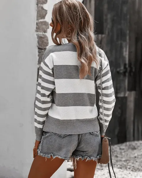 Women's Long Sleeve Crew Neck Sweater Striped Tops - D8032