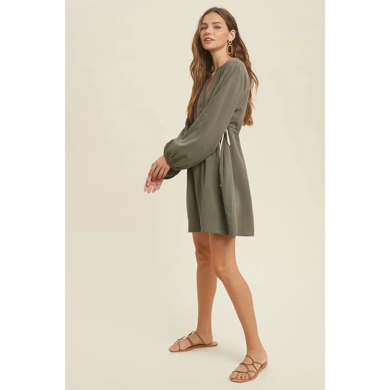 Women's L/S Casual Drawstring Waisted Mini Dress in Olive Green