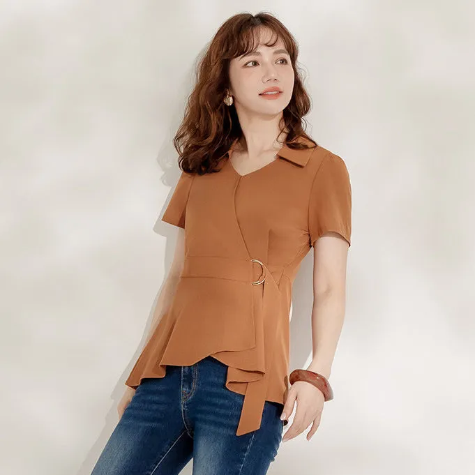 Work Soft Smooth Lapel Collar Wrap Blouse Top