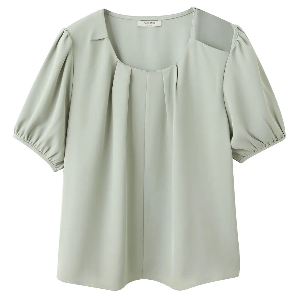 Wrinkle Free Pleated Puff Sleeve Blouse Top