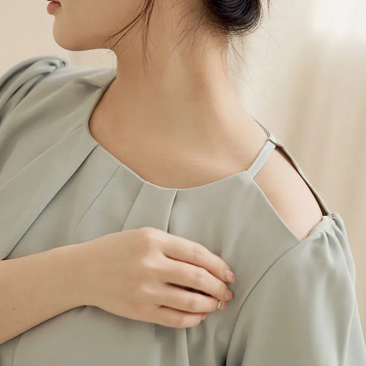 Wrinkle Free Pleated Puff Sleeve Blouse Top