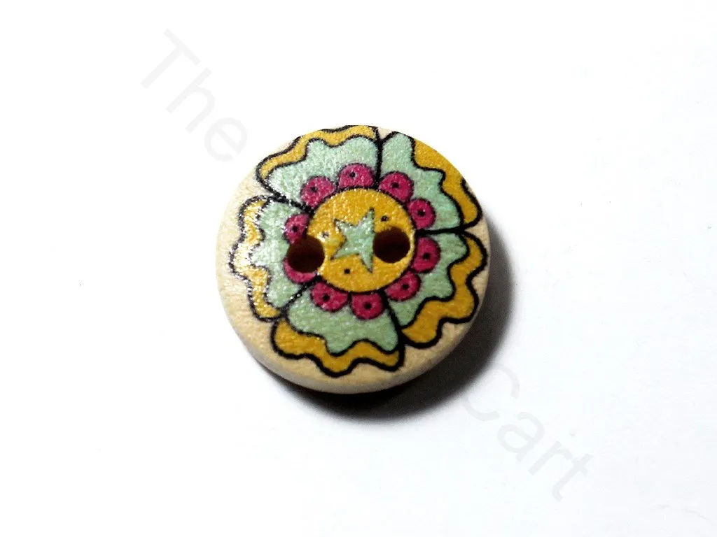 Yellow Blue Flower Design Wooden Buttons