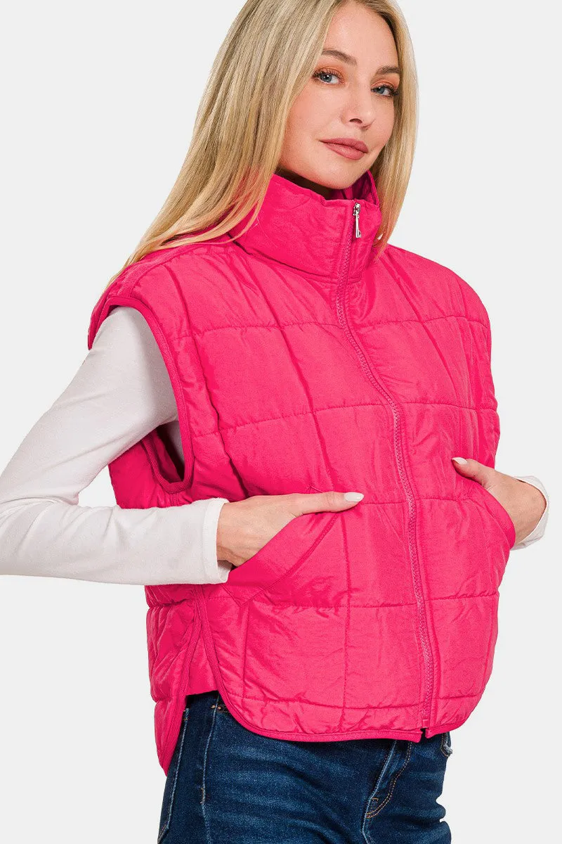 Zenana Hot Pink Zip Up Cropped Puffer Vest with Pockets