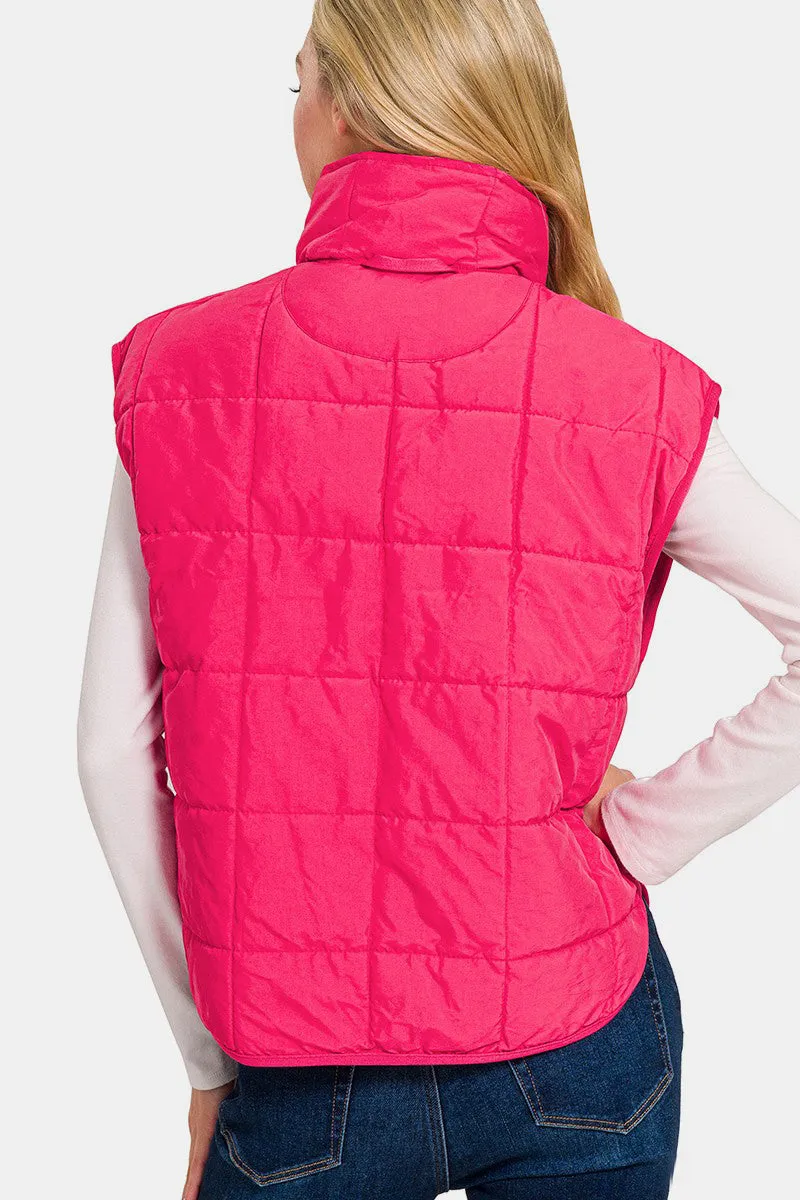 Zenana Hot Pink Zip Up Cropped Puffer Vest with Pockets