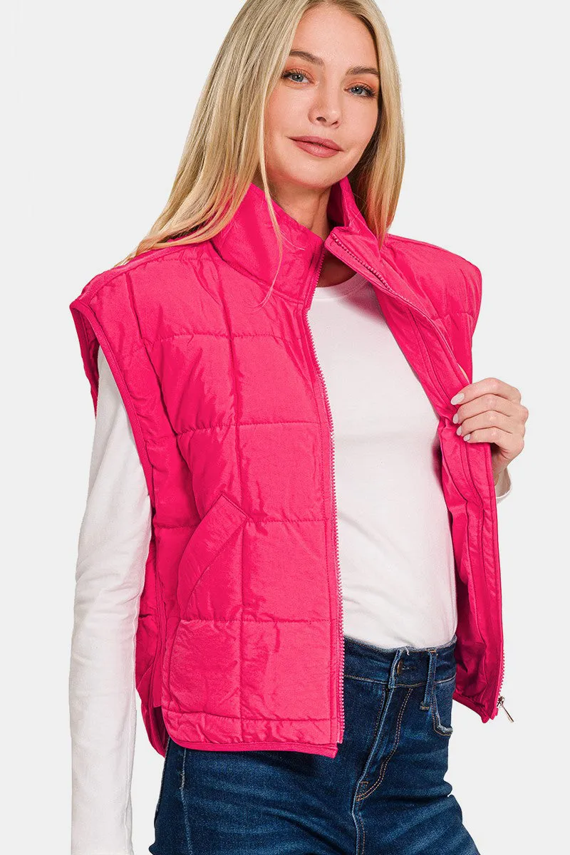 Zenana Hot Pink Zip Up Cropped Puffer Vest with Pockets