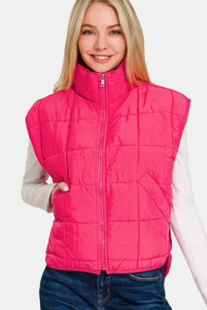 Zenana Hot Pink Zip Up Cropped Puffer Vest with Pockets